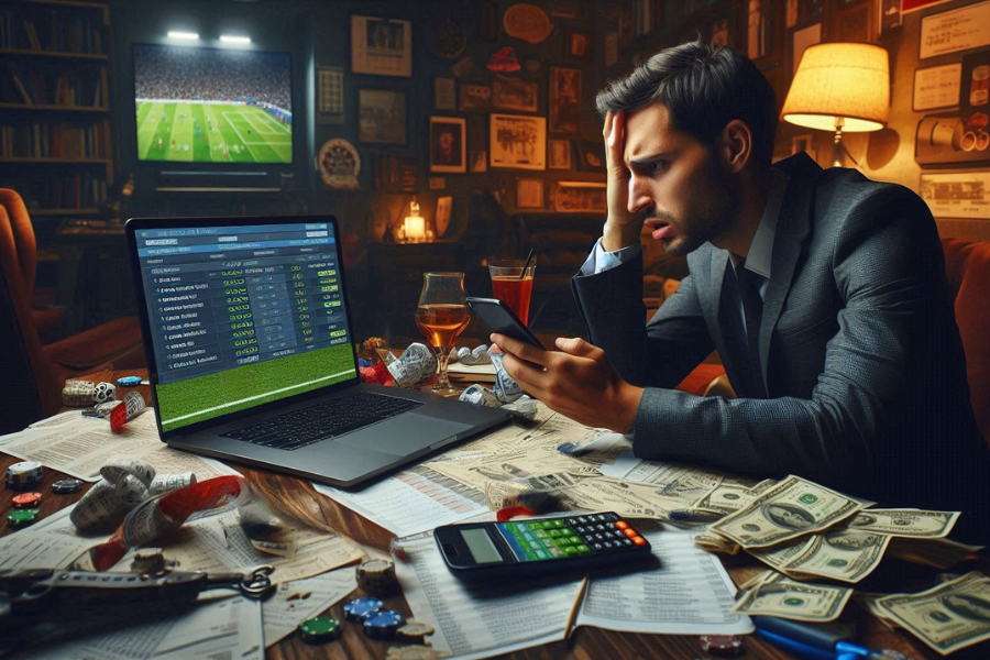 a person sitting at a desk, looking frustrated while reviewing a sports betting account on a laptop at his home