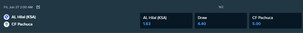 betting odds from stake.com for al hilal and pachuca