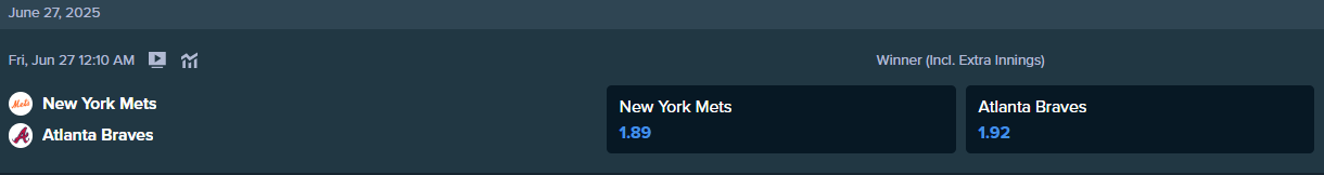 the betting odds from stake.com for new york mets and atlanta braves