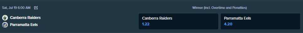 the bettings odds for the match between canberra raiders and paramatta eels