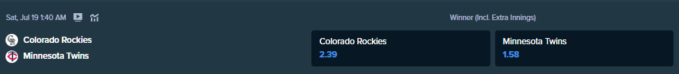the betting odds from stake.com for the match between colorado rockies and minnesota twins