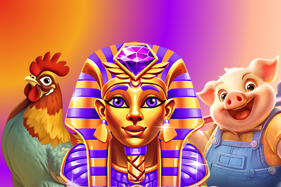 mummy jewels, finger lickin free spins and pig farm slot characters