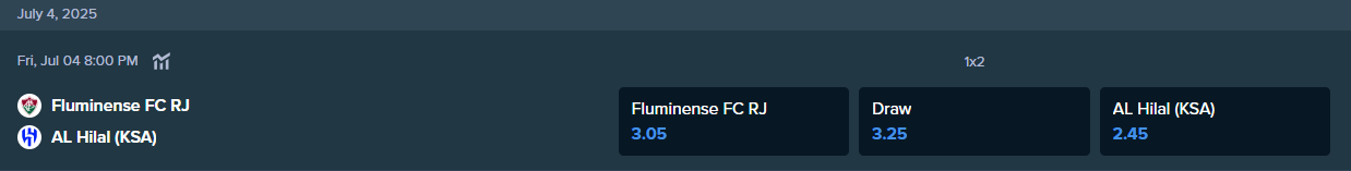 betting odds from stake.com for fluminense and al hilal match