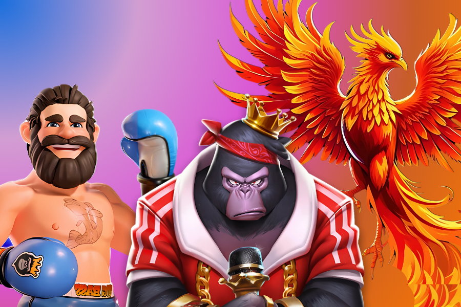 Henry the Ape slot, Lucky Phoenix slot & Big Bass slot characters