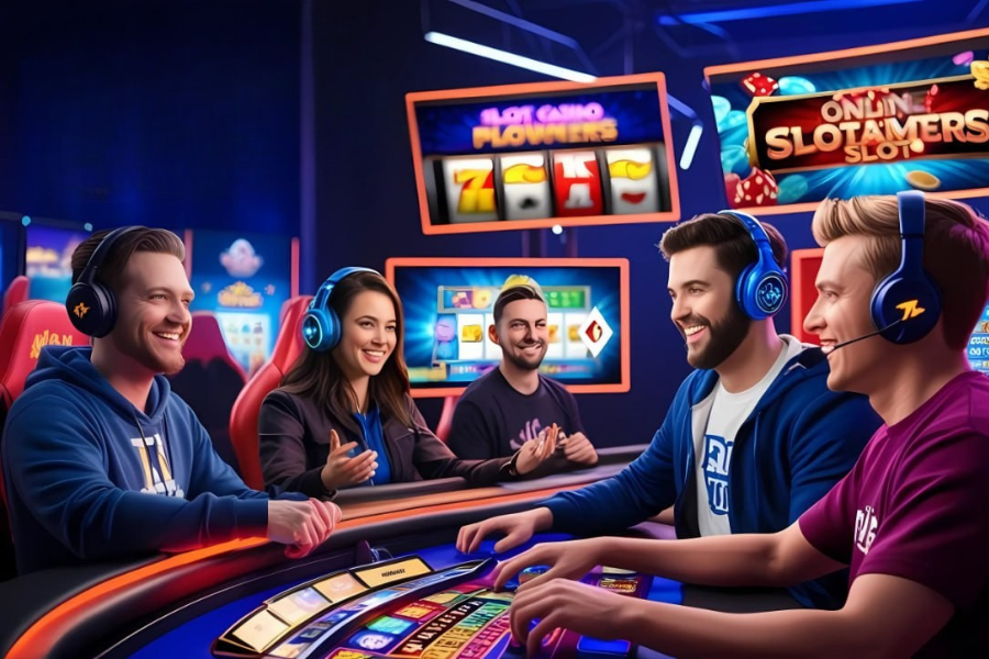 A group of streamers playing slot machines in a lively casino setting with gaming machines