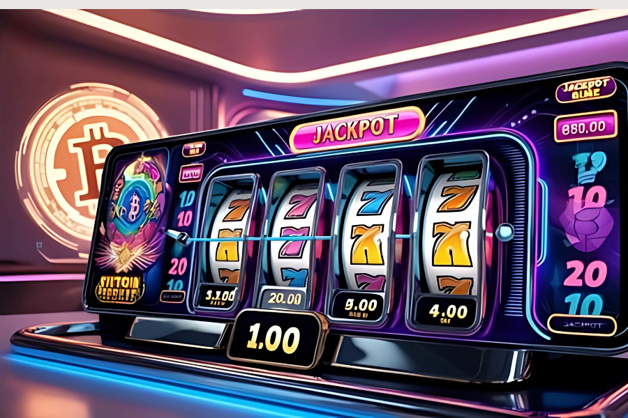 A casino slot machine with digital Bitcoins in the background