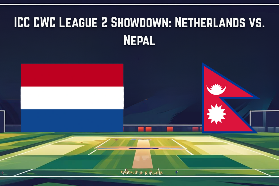 a cricket ground and the flags of the the countries netherlands and nepal