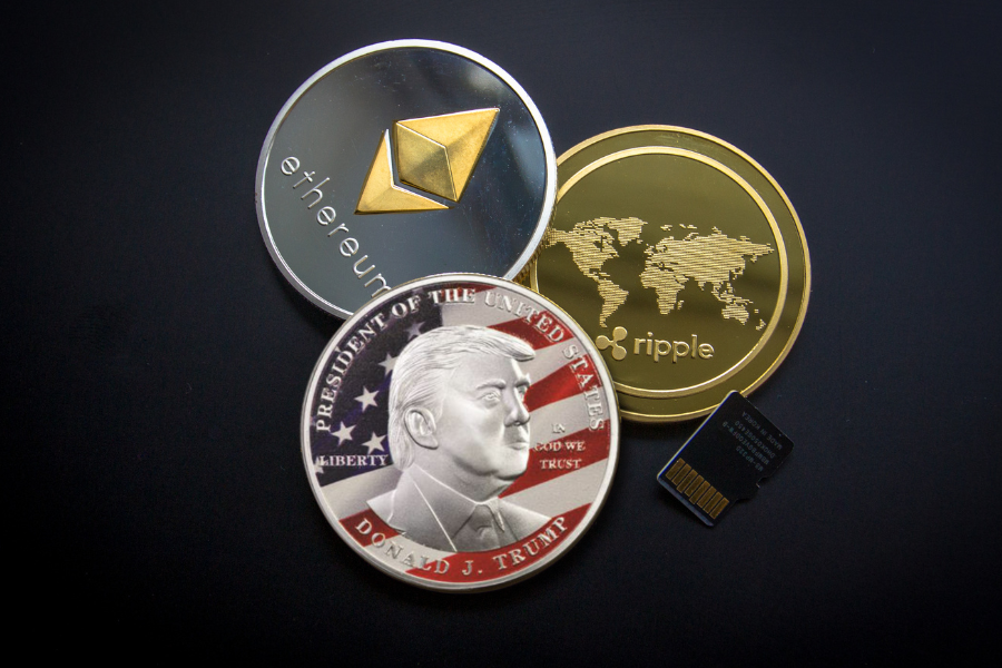 Ethreum, Ripple and Official Trump crypto currencies are displayed alongside a memory chip