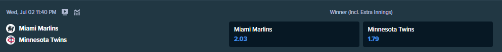 betting odds from stake.com for marlins and twins