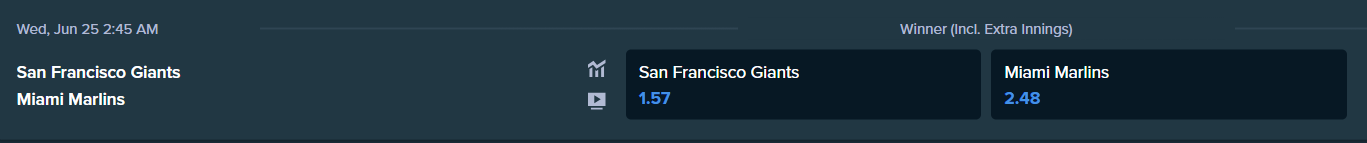 betting odds from stake.com for miami marlins and san francisco giants