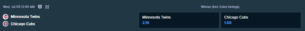betting odds from stake.com for the match between minnesota twins and chicago cubs
