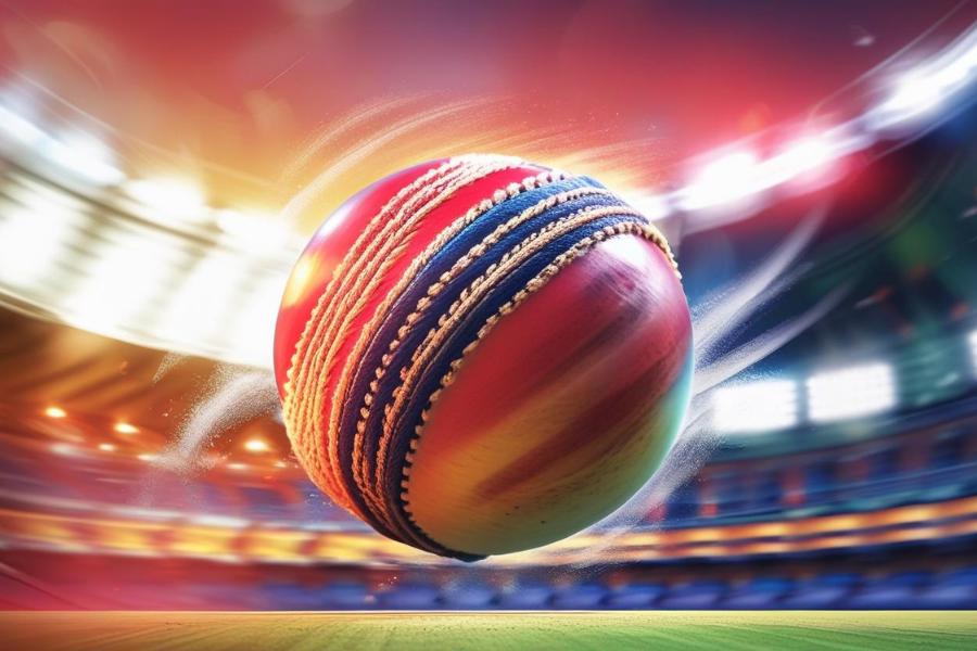 a cricket ball surrounded by a cricket ground