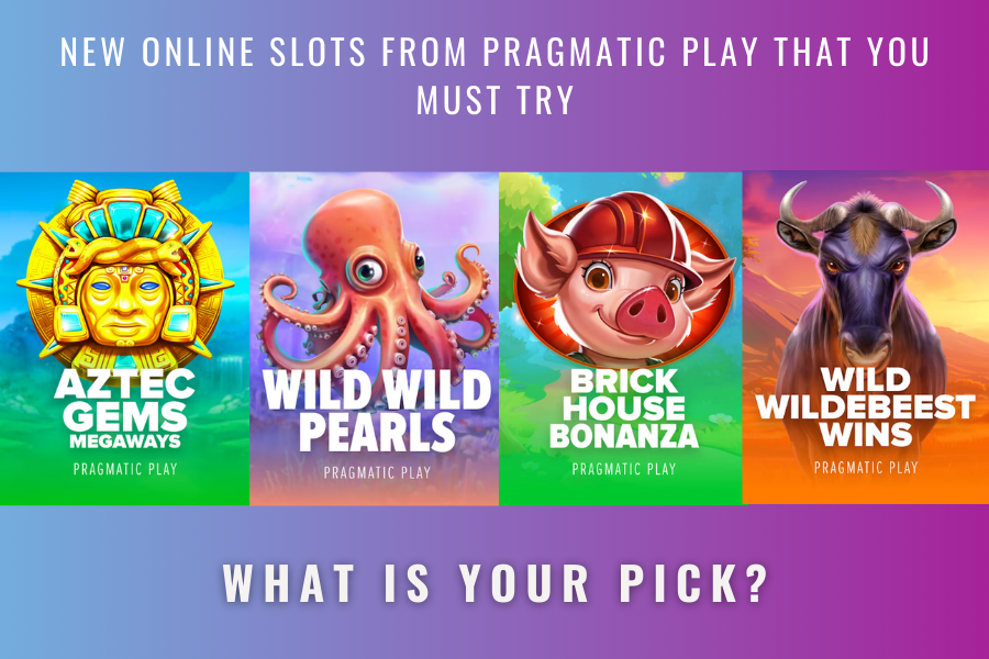 The cover images of Wild Wildbeest Wins, Wild Wild Pearls, Aztec Gems Megaways, Brick House Bonanza and Escape the Pyramid – Fire & Ice online slot games