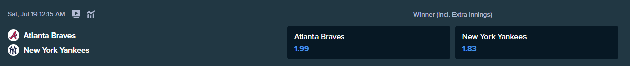 the current winning odds from stake.com for the match between new york yankees and atlanta braves