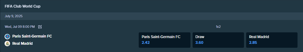 the betting odds for the fifa club world cup semifinal for psg and real madrid