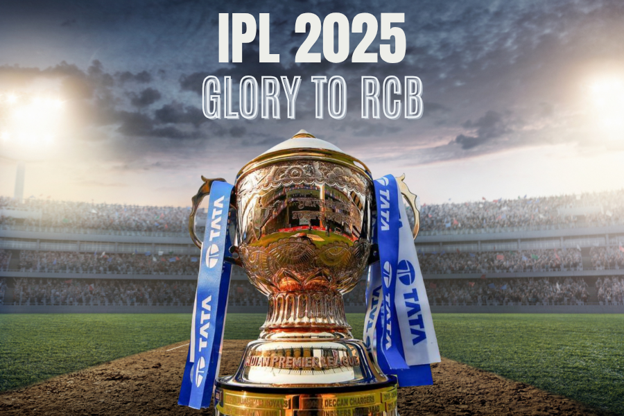 IPL 2025 cup in the middle of a cricket ground