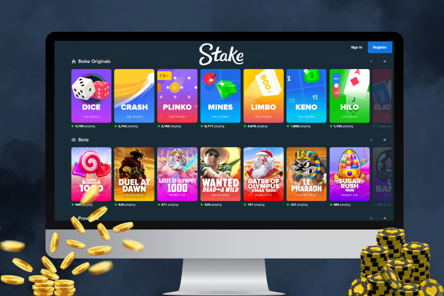 An desktop screen displaying the Stake.com online casino homepage