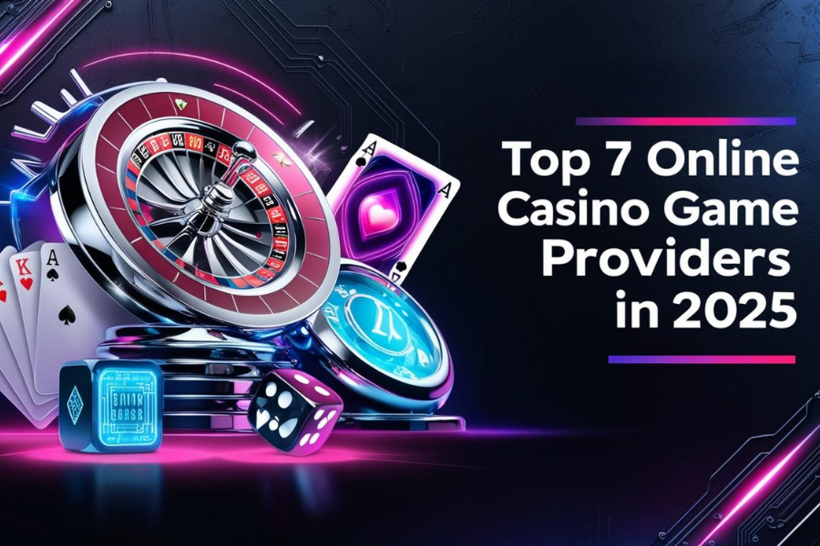 Futuristic casino with roulette, cards, slots, and neon lights for 'Top Online Casino Providers