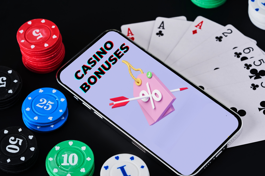 a mobile phone with casino coins surrounded and casino bonuses displayed on the screen
