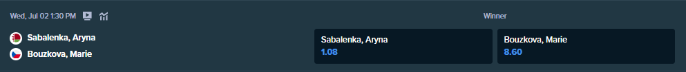 betting odds from stake.com for sabalenka and bouzkova