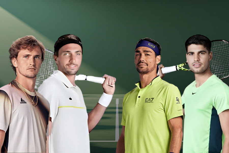 a tennis court and a tennis ball in the middle