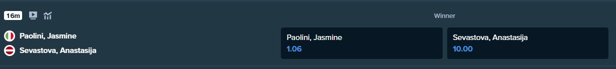 betting odds from stake.com for paolini and sevastova