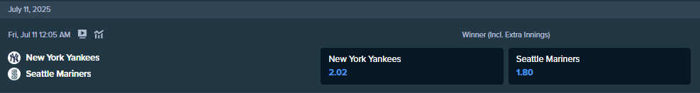 current betting odds from stake.com for new yoryankees and seattle mariners